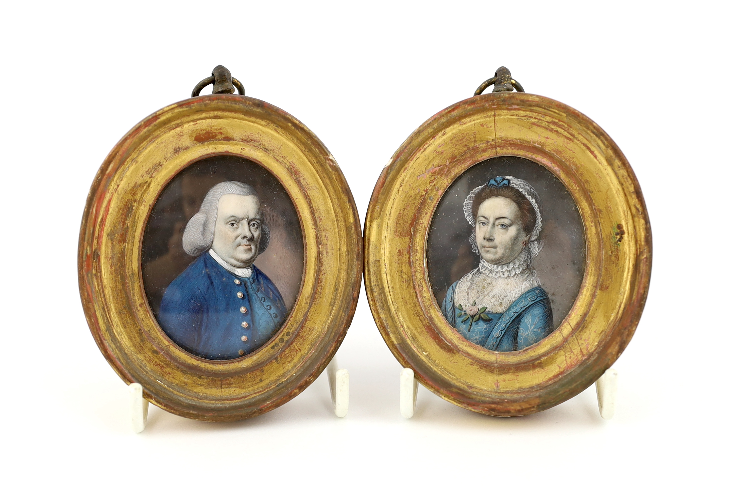 Continental School circa 1780, Portrait miniatures of a husband and wife, watercolour on ivory (2), 5.5 x 4.4cm. CITES Submission reference GVAQRHB4